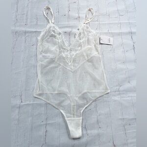 Auden NWT ivory mesh thong lingerie bodysuit lace trim women’s small